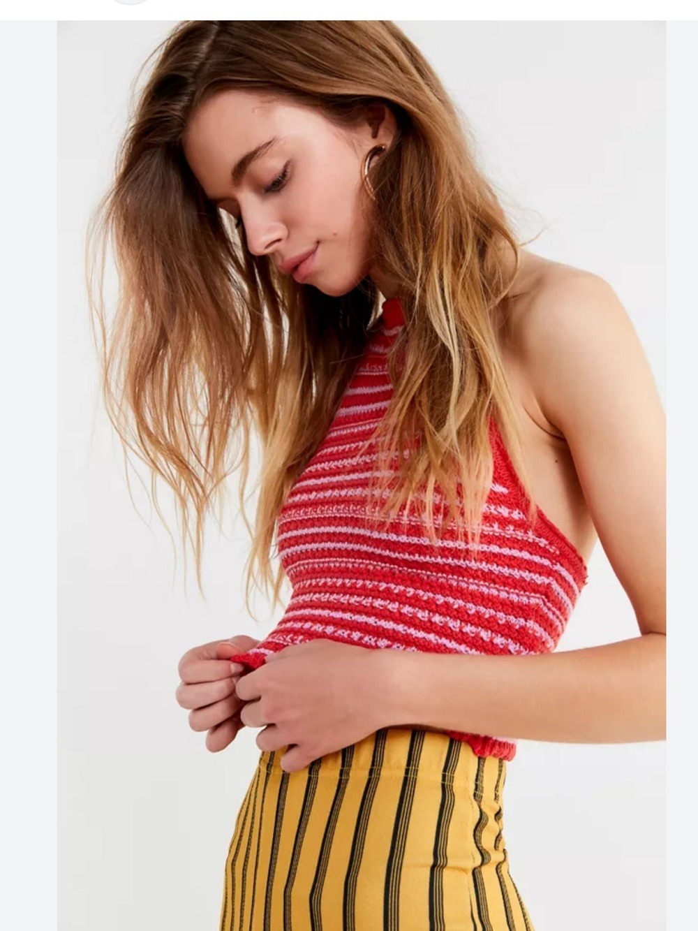 Urban Outfitters Crochet Halter Crop Top Coral Pink Striped Size Large - Picture 2 of 9